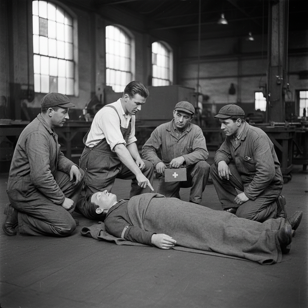 Photographie d'archive réaliste en noir et blanc, prise en France au milieu du XXe siècle, montrant une ancienne formation de secourisme au travail dans un atelier industriel : un instructeur enseigne les gestes de premiers secours à un petit groupe de travailleurs en tenue de travail, avec un mannequin de formation ou une personne allongée au sol, ambiance documentaire authentique, grain argentique, lumière naturelle, composition crédible, aucun texte, aucun logo, aucun effet d'illustration ou de dessin.